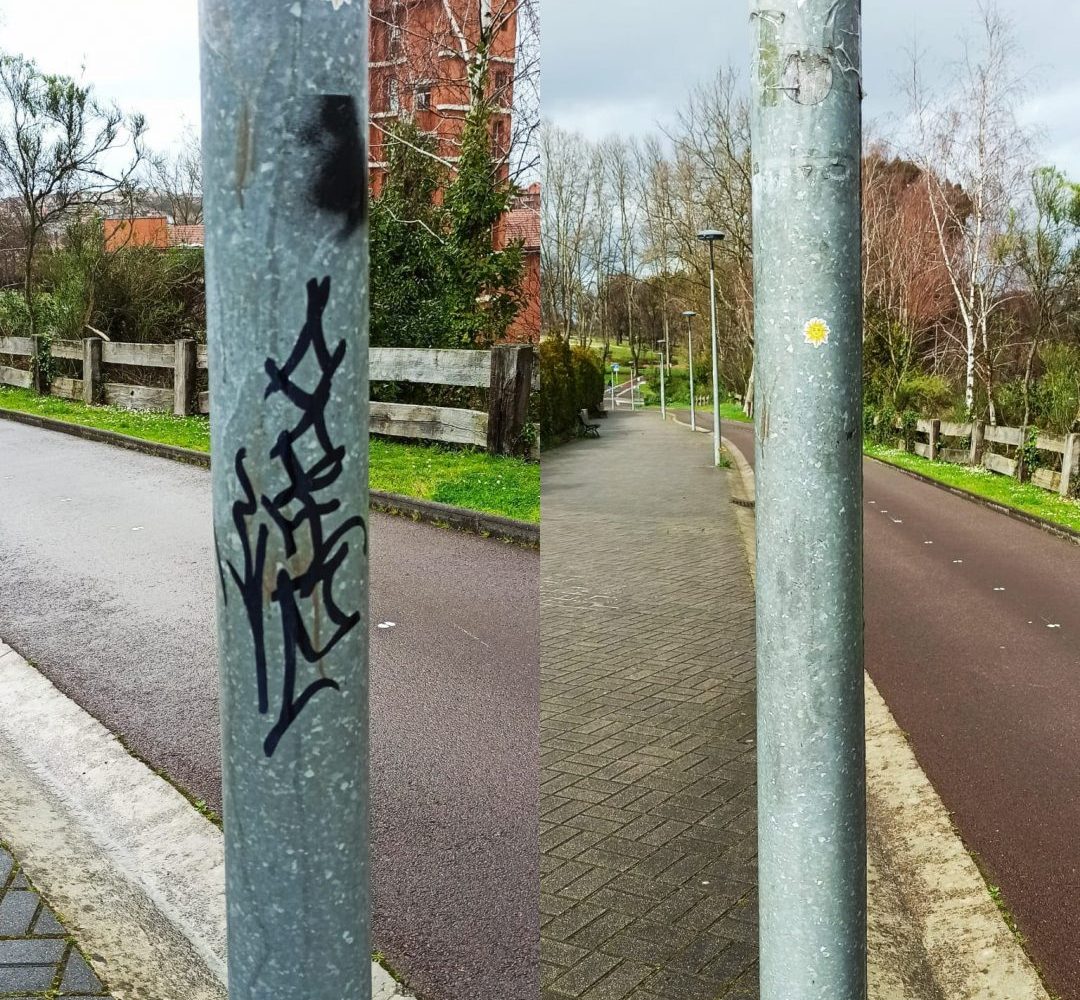 Antes y después de un grafiti sobre mobiliario urbano, metal