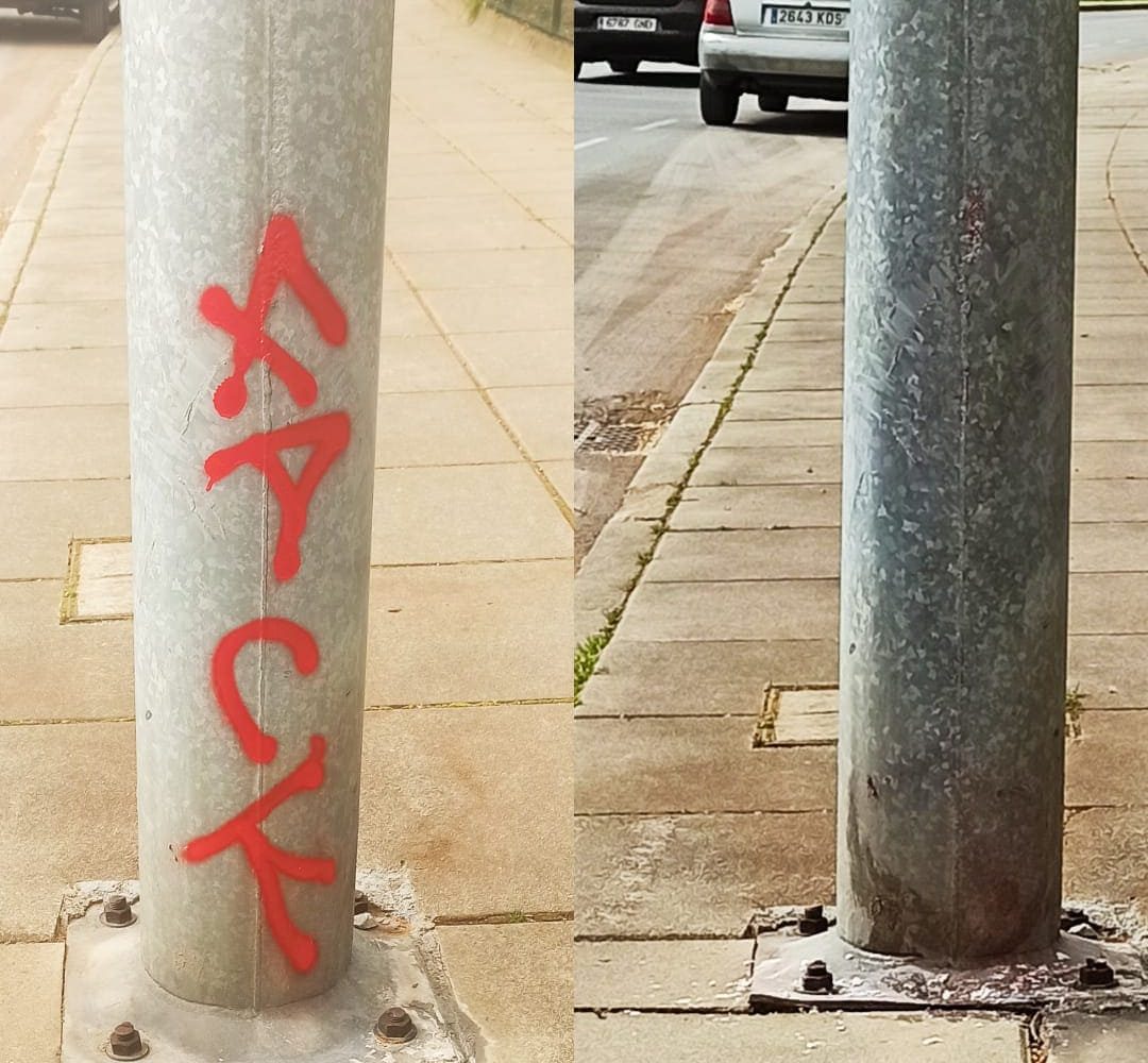 Antes y después de un grafiti sobre mobiliario urbano, metal